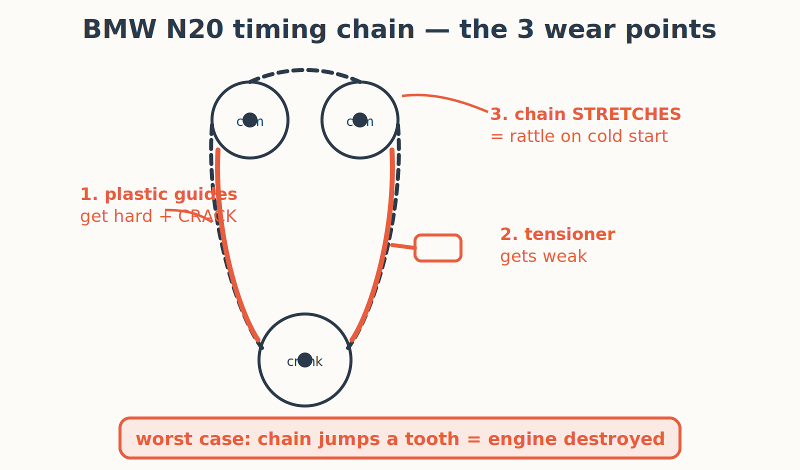 The N20 chain system: the chain stretches, the plastic guides crack, the tensioner weakens.
