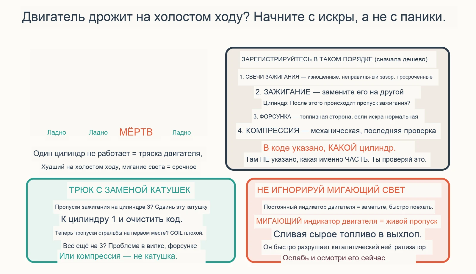 Диагностическая диаграмма: почему мой двигатель дрожит или работает с пропусками на холостом ходу?