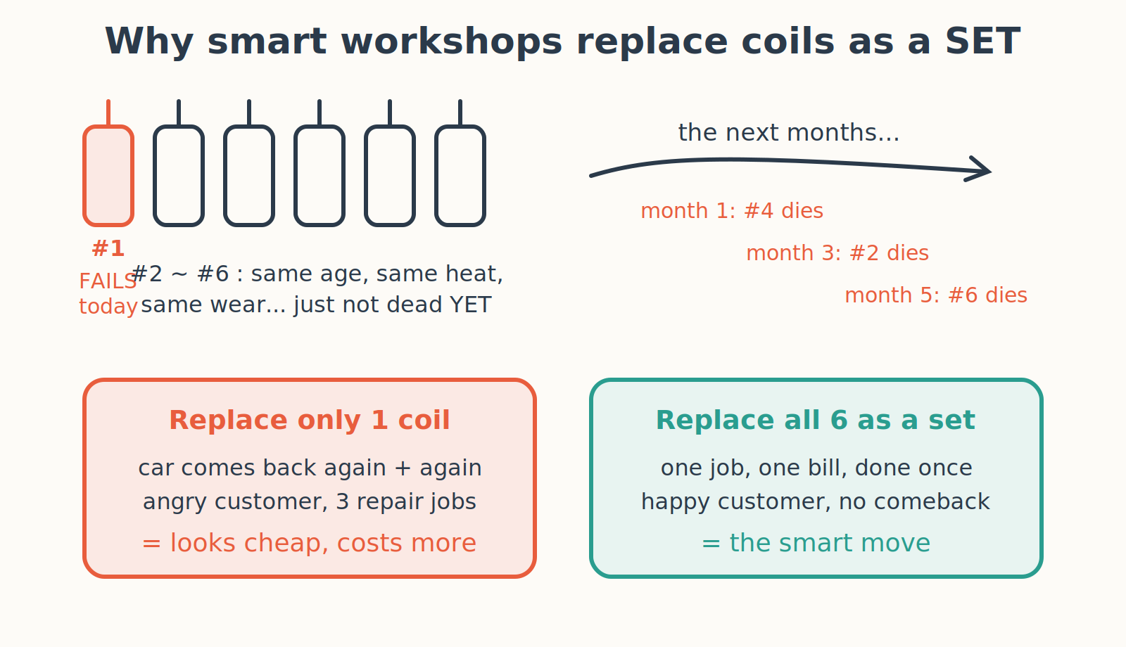 One coil fails today — the rest are the same age. Sets beat single replacements.